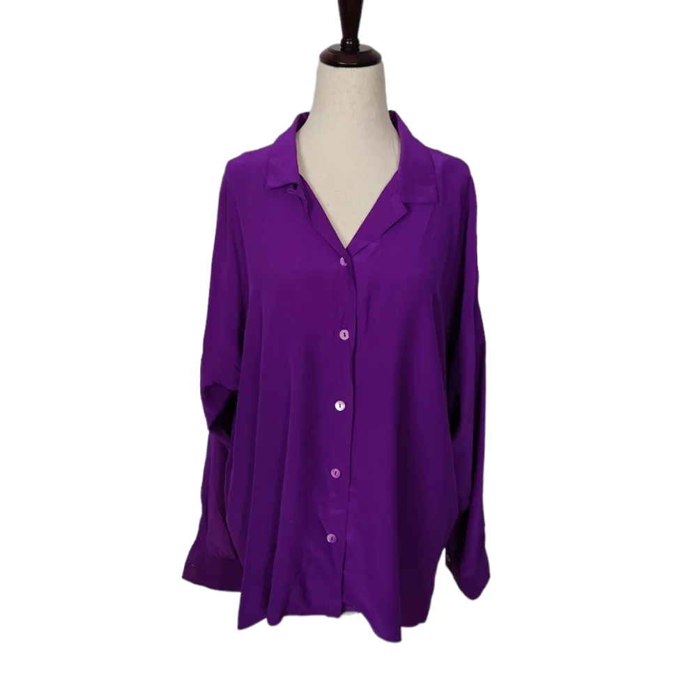 Eileen Fisher Purple Silk Longsleeve Button Down Blouse Shirt Large